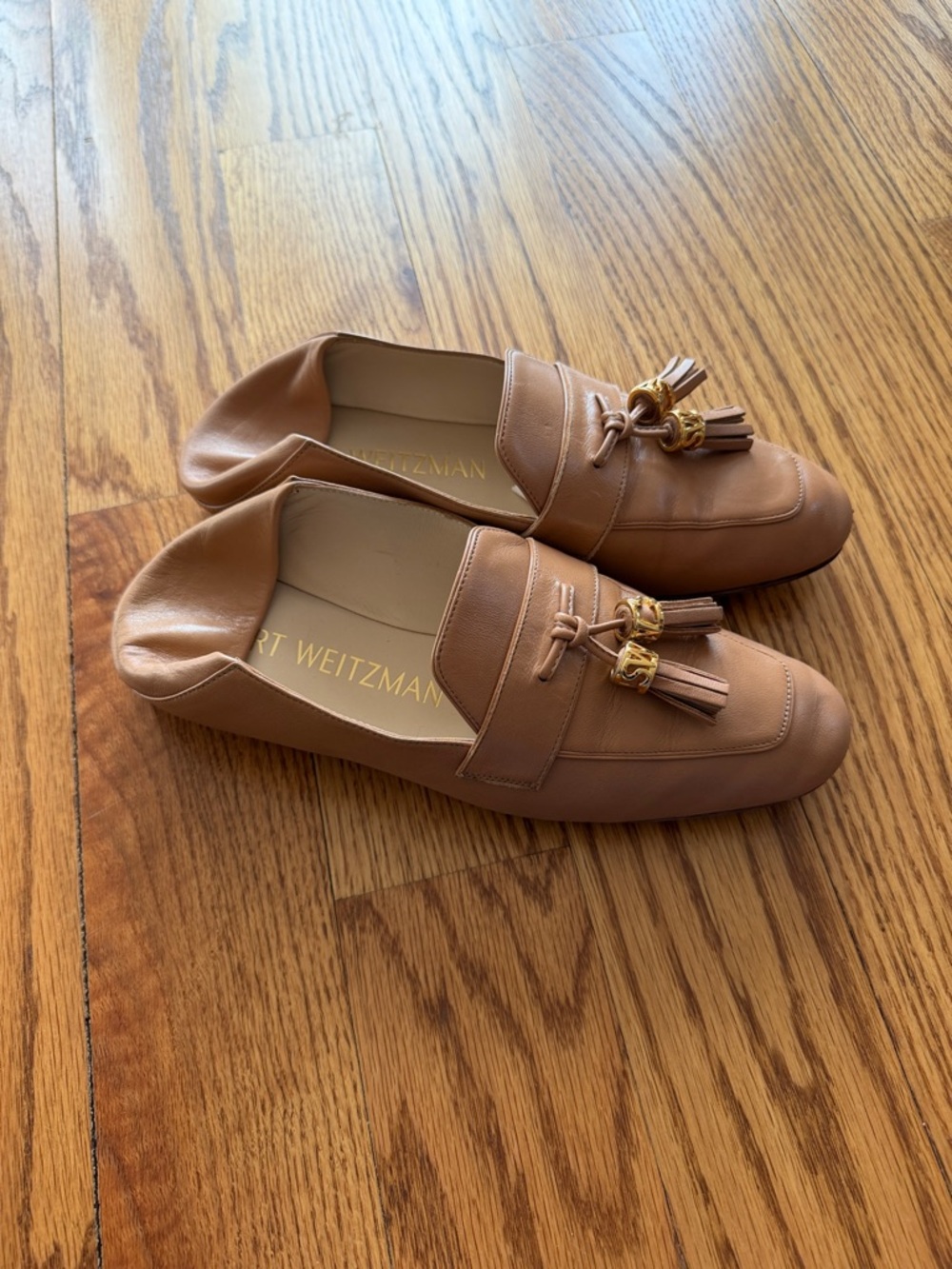 Stuart Weitzman Tan Leather Tassel Loafers with Gold Accents Napa Leather